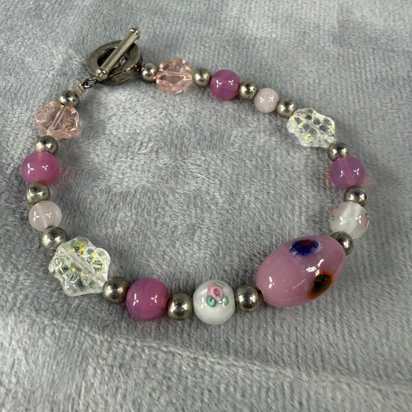 Vintage Glass Bead Bracelet With Toggle Closure & Pink White Silver Accents - Picture 14 of 16